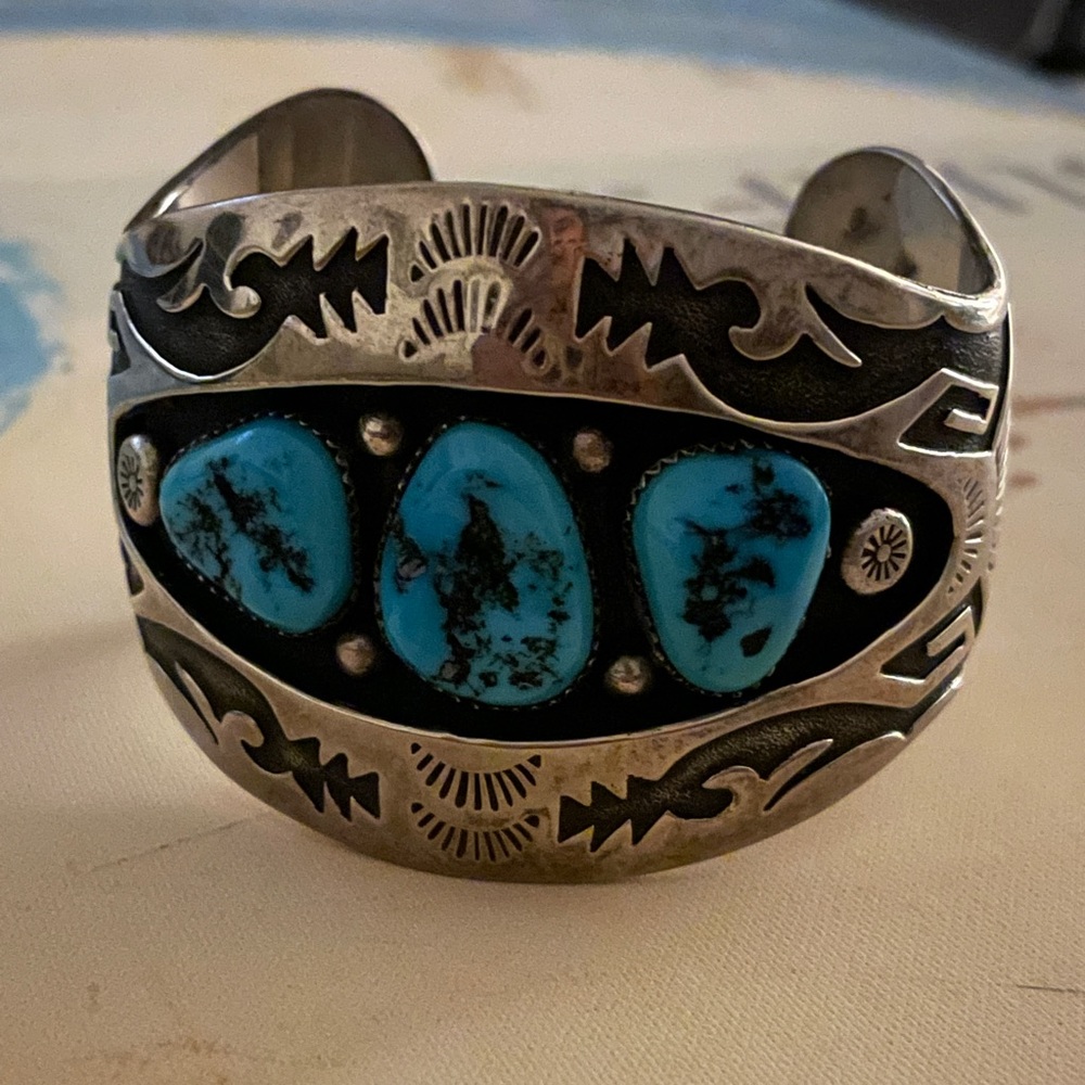 Vintage Navajo Sterling Turquoise Bangle by HSB -Artist Howard Begay